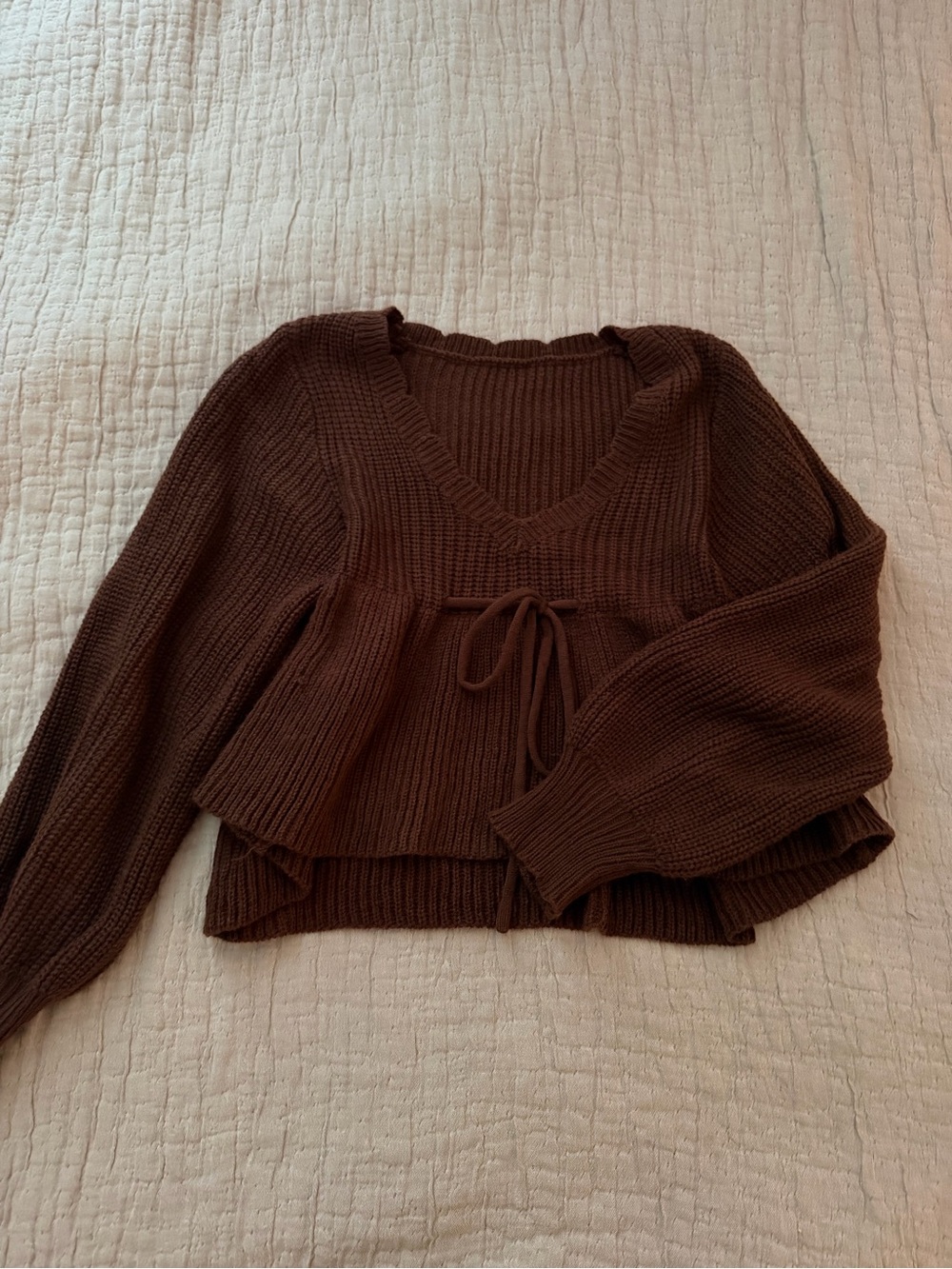 Brown V-Neck Tie-Front Knit Sweater